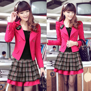 2013 female spring slim women's twinset belt brooch plaid skirt