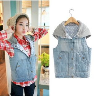 2013 female with a hood clip vest denim vest top outerwear