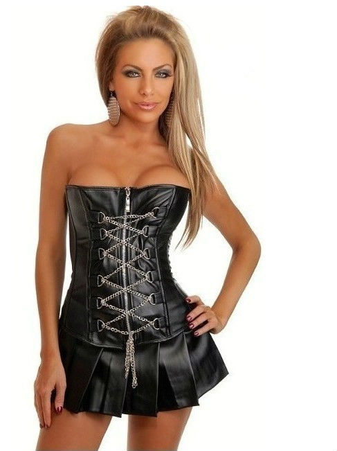 2013 free high quality sexy lingerie black faux leather corset zipper corset dress bustier club wear G-string