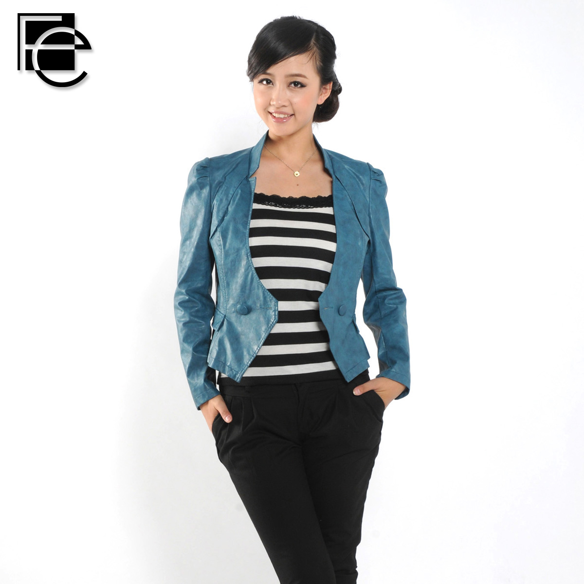 2013 free ship 2013 women's spring PU puff sleeve V-neck OL outfit leather clothing short jacket fbz0011