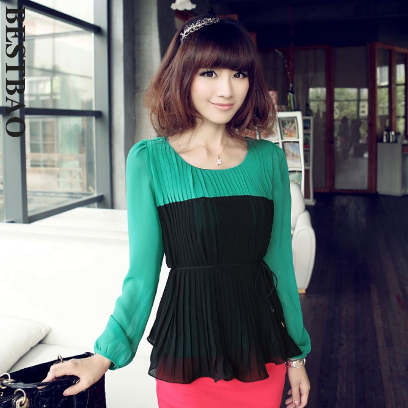 2013 free shipping 2993 elegant color block decoration tuck long-sleeve chiffon shirt lacing brief all-match bestbao