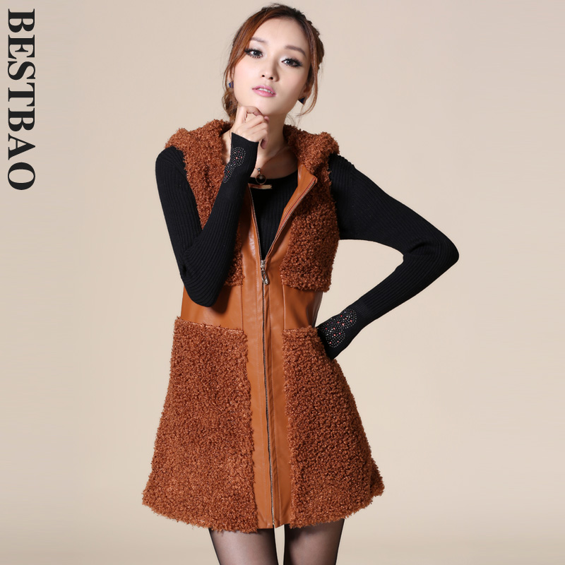 2013 free shipping 3044 fashion medium-long vest PU explaines patchwork with a hood bestbao