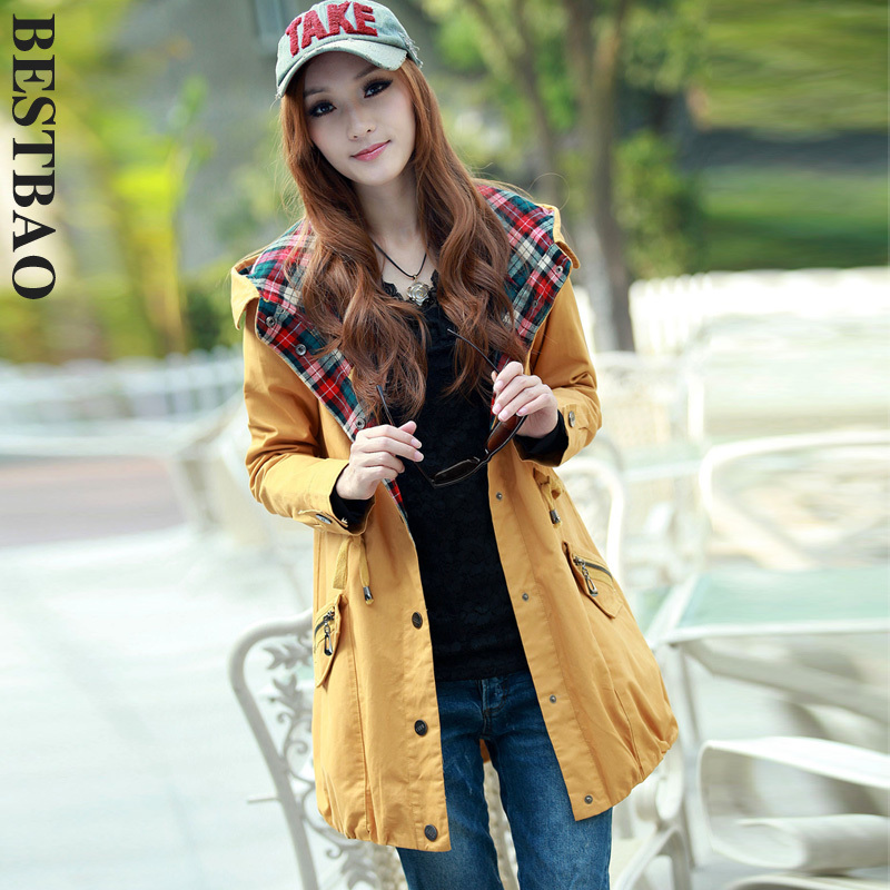 2013 free shipping 3072 fashionable casual with a hood trench waist drawstring classic check patchwork bestbao