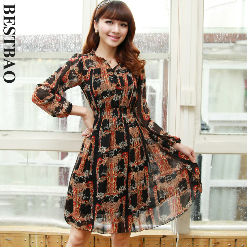 2013 free shipping 3346 romantic long-sleeve chiffon one-piece dress ruffle hem of oilfilled bestbao female