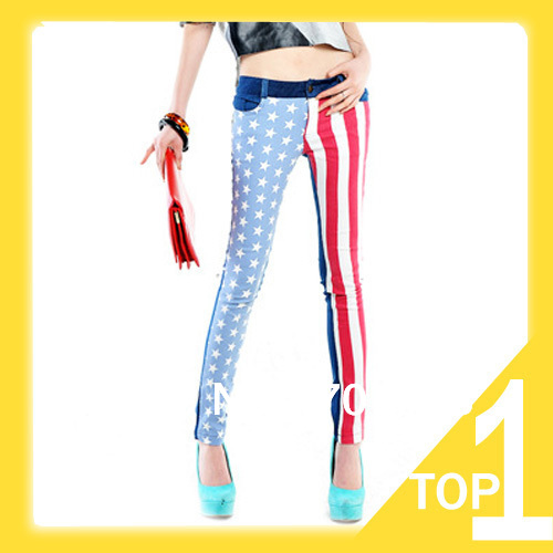 2013 Free shipping and Drop shopping American/USA Flag Star Stripe Tall waist shorts/tall waist Denim jeans Y7098