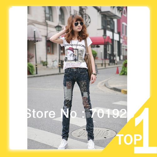 2013 Free shipping and Drop shopping Women applique print Jeans pencil Pants Trousers Denim Best Quality Y7096