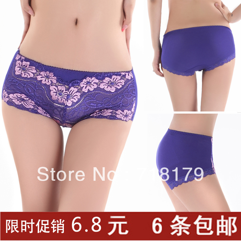 2013 Free Shipping Bamboo fibre women's underwear lace mid waist sexy underwear cutout panties plus size female shorts!