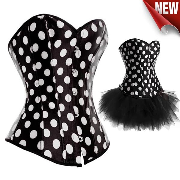 2013 Free shipping,black satin bustiers women top gothic strapless polka dot corset G string overbust tutu skirt 3XL 4XL 5XL 6XL