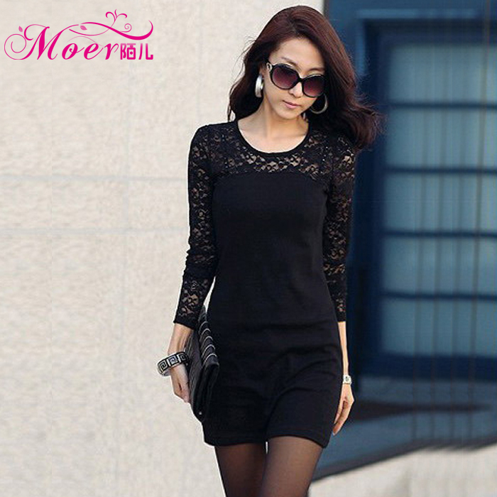 2013 Free Shipping Black Sexy Women's Casual Mini Slim Cotton Lace Dress Ladies long Sleeve Evening Clubwear E027