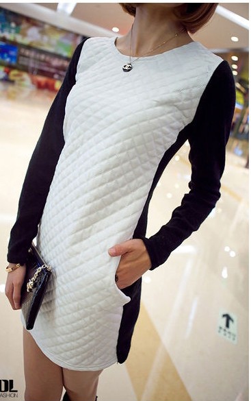 2013 Free Shipping Cotton Patchwork Faux Mini Leather Dress Women Ladies Fashion Knitted Casual DressF43