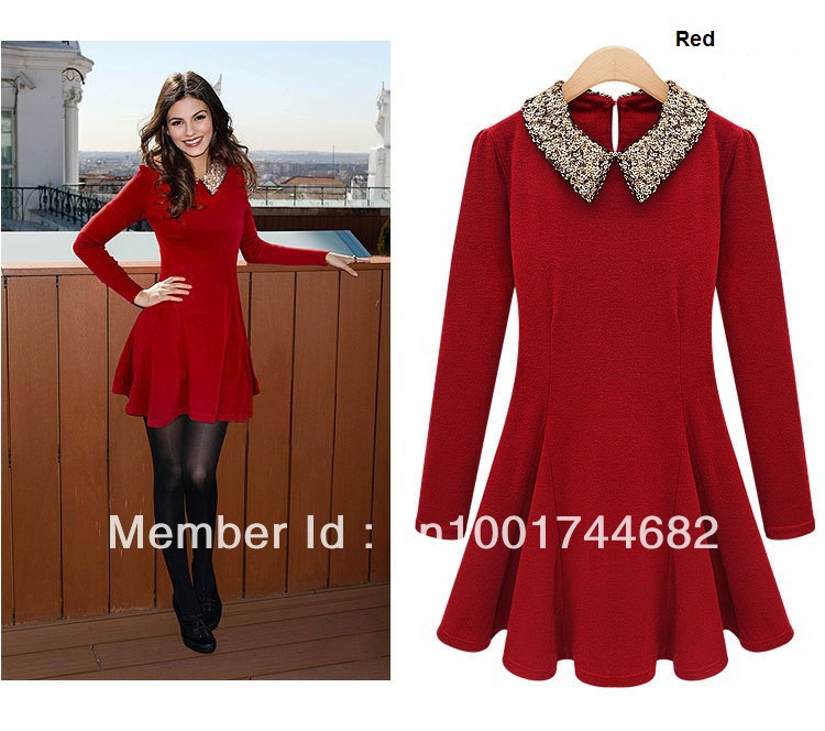 2013 Free Shipping Fashion Women Retro Style Long Sleeve Paillette Mini Dress Red