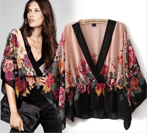 2013 free shipping  fashion Women's European and American  printing the blouse V-neck bat sleeve shirt chiffon shirt  1366