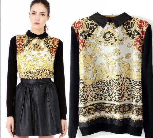 2013 free shipping  fashion Women's European and American retro printed totem lapel Slim thinsweater bottoming shirt 1370