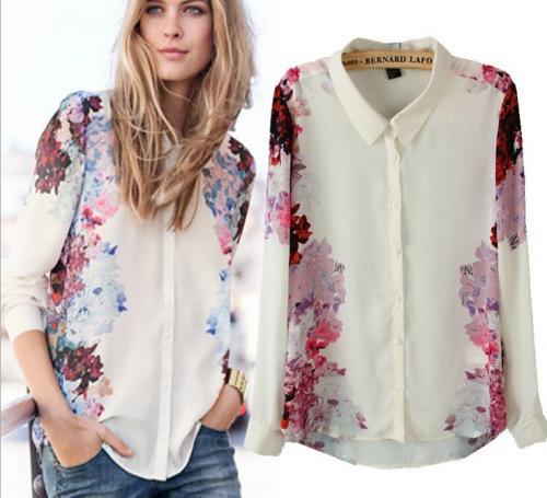 2013 free shipping  fashion Women's slim European and American Lapel long-sleeved floral print chiffon shirt  1371