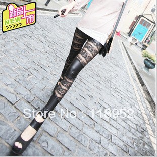 2013 free shipping faux leather patchwork lace legging  FashionSexy ladies Tight Pant Leggings Women Slim Stretchy Lace pants