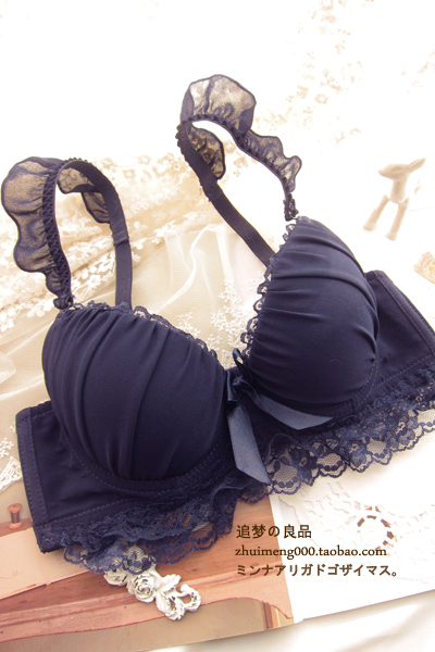 2013 free shipping Juniors blue elegant chiffon underwear thickening push up 3 breasted adjustable bra set