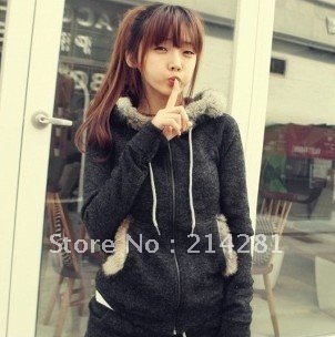 2013 Free shipping Korean woman rabbit fur knitted rabbit fur collar warm knit package hip skirt hoodie suit (hoodie + skirt)