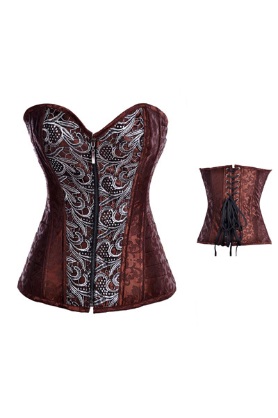 2013  Free shipping ! lADY Retro Style Sexy Zipper Front Brown Corset With peacock pattern trim, SKINNY WAIST TRIMMER