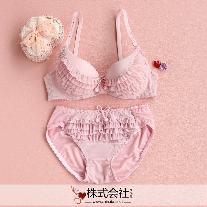 2013 Free shipping Lolita pink lace cake bra set  for women three quarters gathering push up underwear Bra & Brief Sets