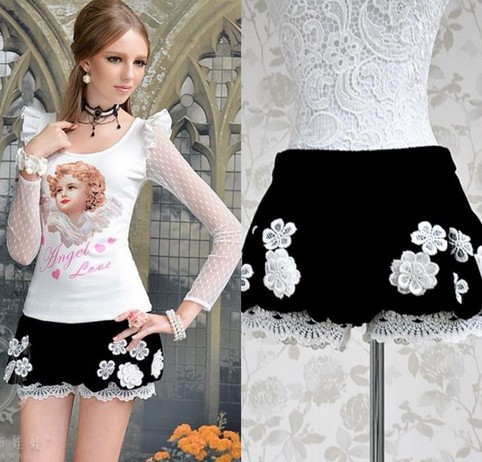 2013 Free Shipping New Fashion women Ladys lace Slim low waist Velveteen shorts Lanterns shorts Black Pants