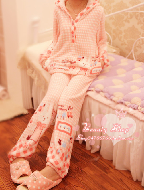 2013 free shipping Onrabbit small lourie plaid coral fleece rabbit nightgown sleepwear lounge set hat