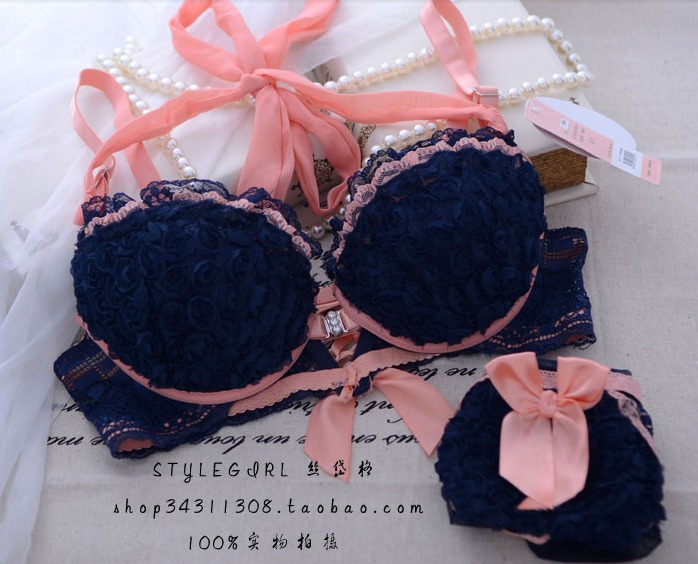 2013 Free shipping romantic three-dimensional flower sexy front button push up underwear bra sets