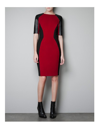 2013 free shipping sexy ladiescharming New pu leather stitching red and black sexy Slim dress with Zipper