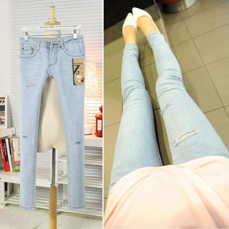 2013 free shipping spring and autumn woman low waist hole tight fashion cotton pencil jeans