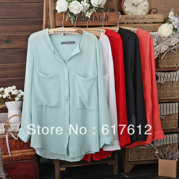 2013 free shipping spring new Europe America transparent pocket Women nine points sleeve chiffon blouse / shirt for ladies