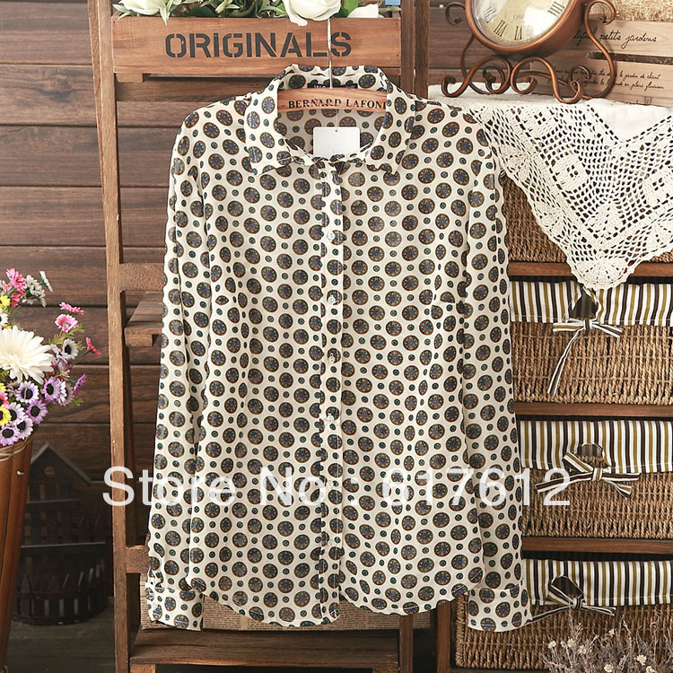 2013 free shipping spring summer women's long-sleeved shirt new European and American retro geometric prints lapel blouse lady