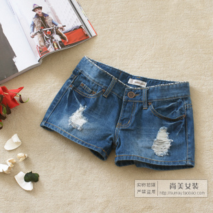 2013 free shipping  summer women's classic retro finishing Dark Blue hole fashion denim shorts