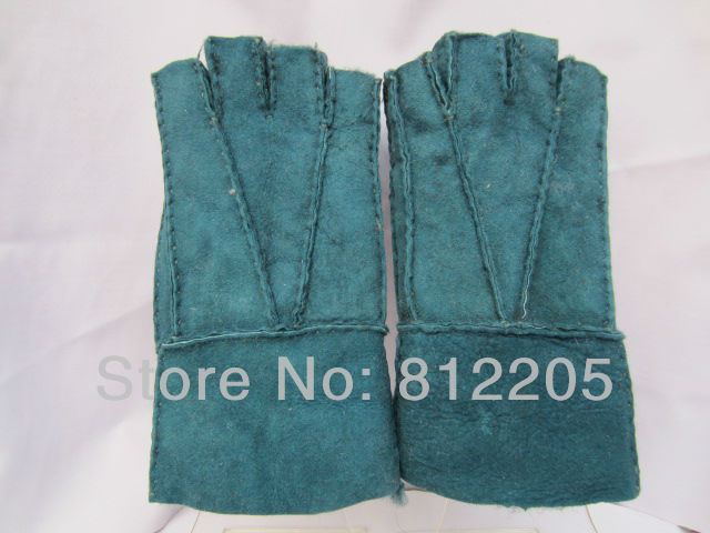 2013 Free shipping Wholesale women winter blue shearing wool half fingers sheep leather gloves GY084