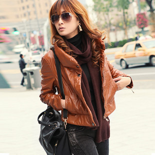 2013  free shipping winter new arrival short design slim fashion brown wadded jacket womens leather jacket