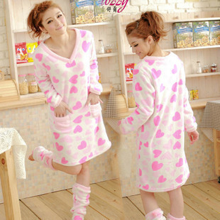 2013 free shipping winter Women long-sleeve 100% cotton thickening coral fleece cute sleepwear nightgown set