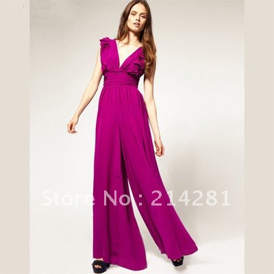 2013 Free shipping woman Siamese pants sexy V collar wood ear chiffon jumpsuit high waist Jumpsuit dress five yards, 3 colors