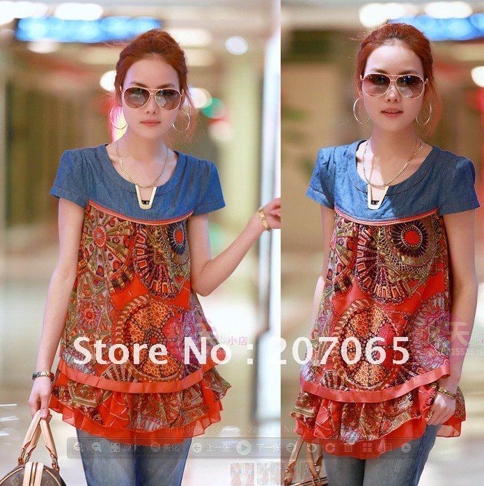 2013 Free shipping Women blouses, cowboy collar stitching a chiffon skirt  shirt