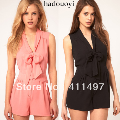 2013 free shipping women Fashion Bow tie collar high waist sleeveless summer  chiffon plus size  jumpsuit