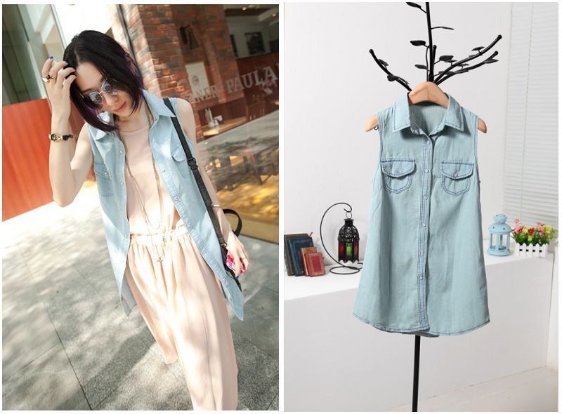 2013 Free Shipping Women's 2013 slim long design thin denim vest 351