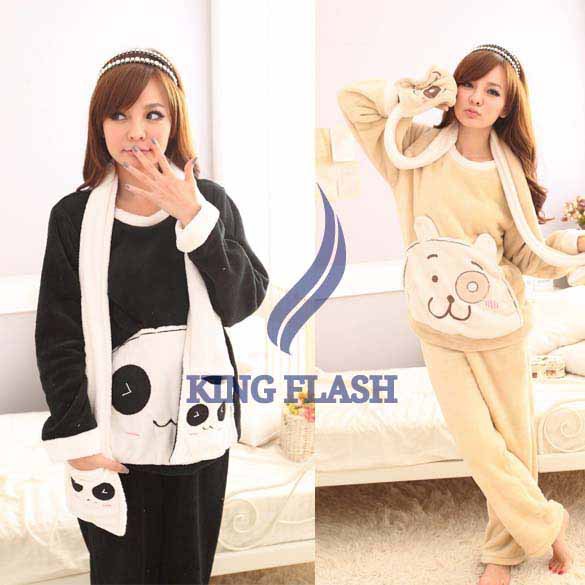 2013 Free shipping Women's sleepwear coral velvet pajamas cartoon long sleeve two sets of pajamas Black, Beige, Red 9281