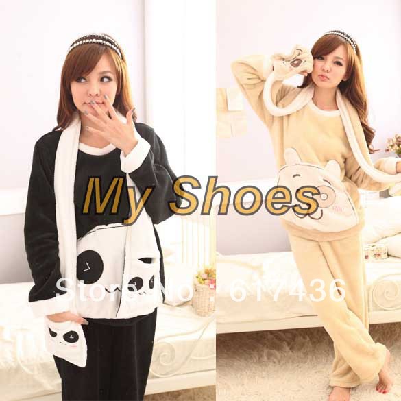 2013 Free shipping Women's sleepwear coral velvet pajamas cartoon long sleeve two sets of pajamas Black, Beige, Red 9281