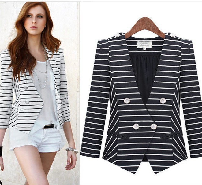 2013 Free ShippingEurope and the United States women's 2013 spring selling new shoulder pads striped casual lapel women jacket 1