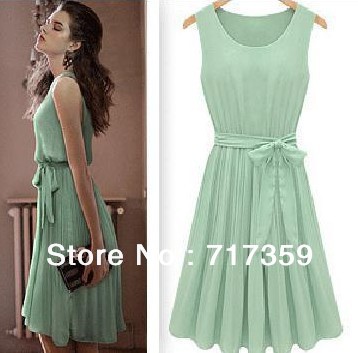 2013 Free Shippng Summer New Womens Sleeveless Pleated Chiffon Vest Dress Skirt Fashion Dress For Ladies Size S M L  650634