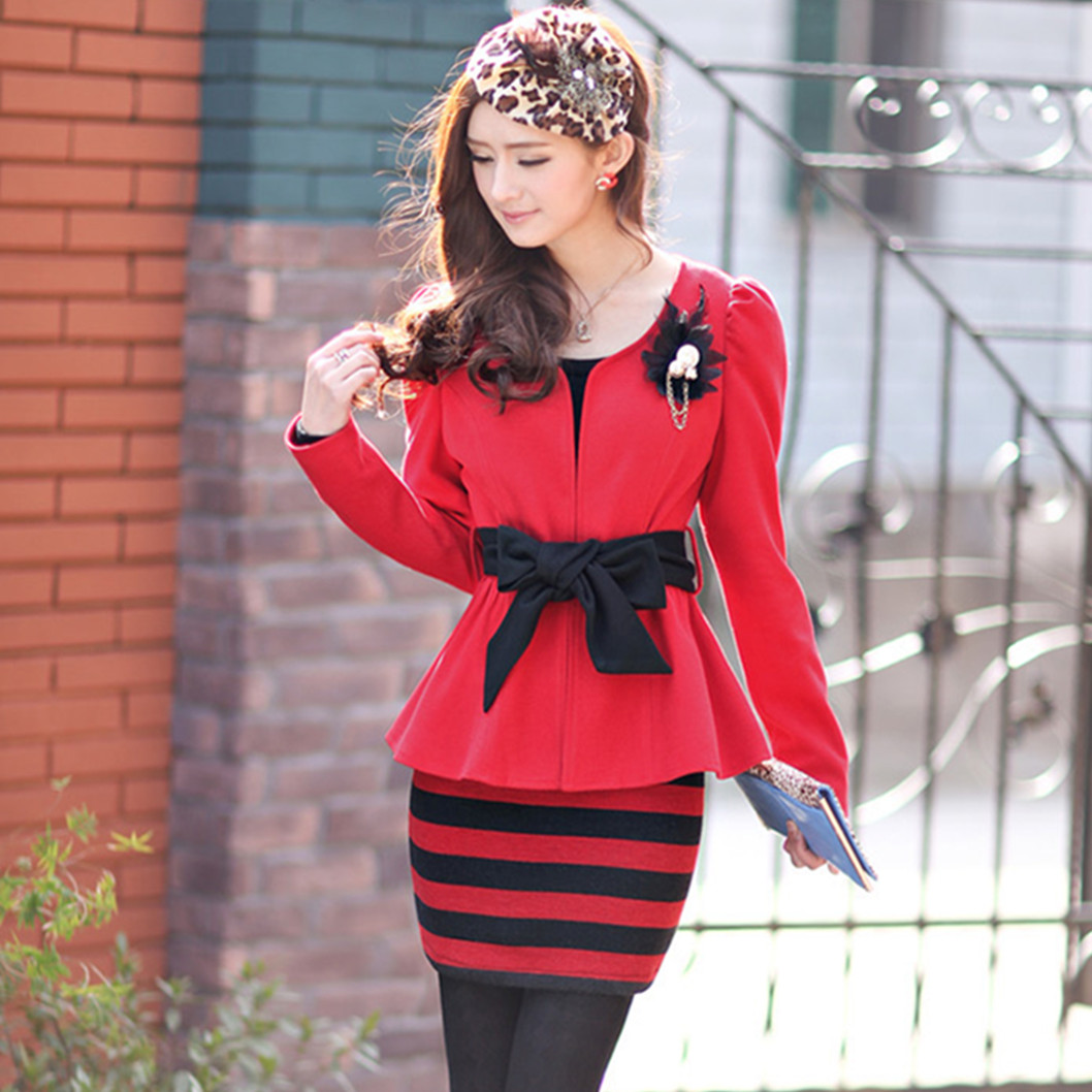 2013 free shpping 2013 spring long-sleeve cardigan slim hip slim one-piece dress twinset dress with belt brooch