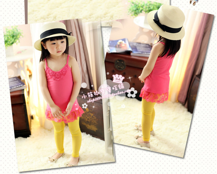 2013 Girls clothing 100% cotton thread lace spaghetti strap top children's clothing