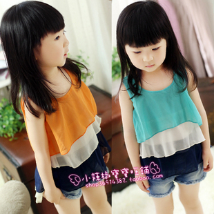 2013 girls clothing child t-shirt color block chiffon cake sleeveless vest spaghetti strap top a5 1