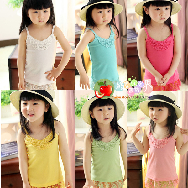 2013 girls clothing exquisite crochet lace decoration basic shirt spaghetti strap sleeveless vest T-shirt candy sl0