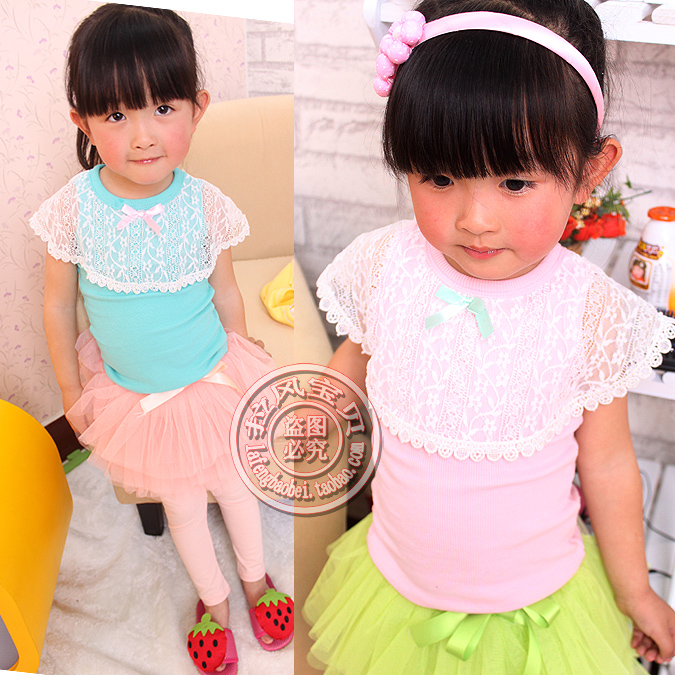 2013 girls summer clothing pink lace decoration T-shirt sleeveless summer vest