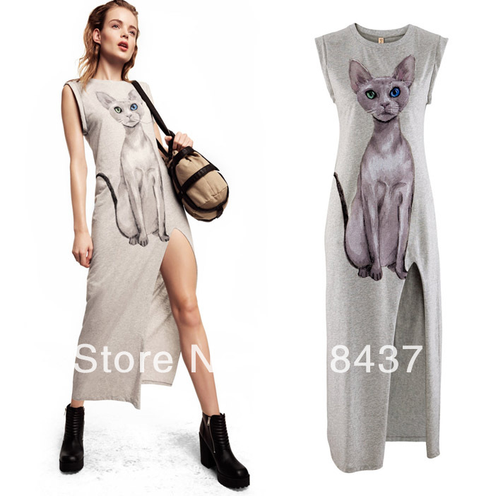 2013 HIgh Quality Cat print single vent Light  cuff roll up tank casual dress