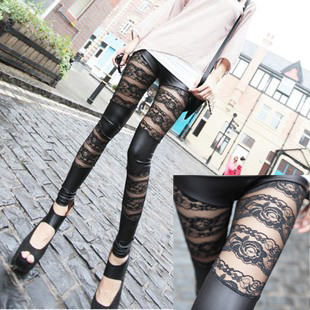 2013 high quality faux leather patchwork lace flower cutout legging ankle length trousers