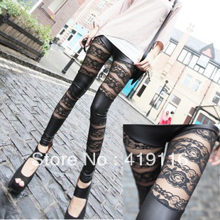 2013 high quality faux leather patchwork lace flower cutout legging ankle length trousers